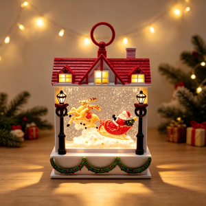 House Shaped Christmas Water Lantern Globe With Santa Sleigh & Reindeer Scene
