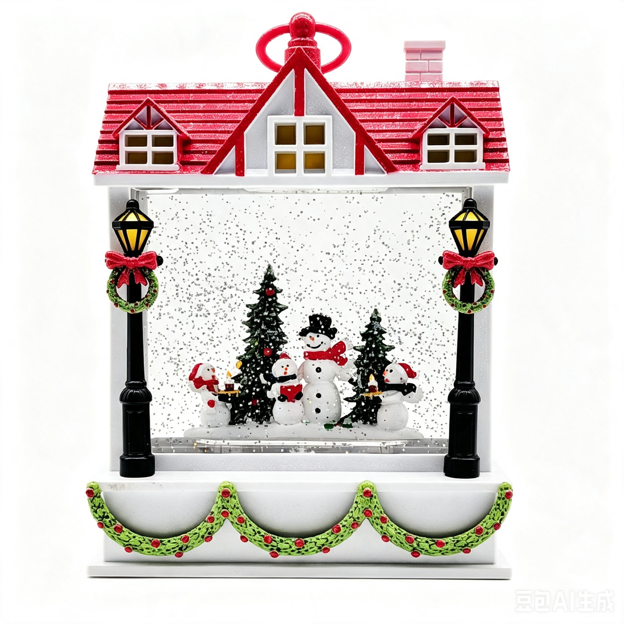 House Shaped Christmas Water Lantern Globe With Santa Sleigh & Reindeer Scene