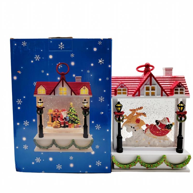 House Shaped Christmas Water Lantern Globe With Santa Sleigh & Reindeer Scene