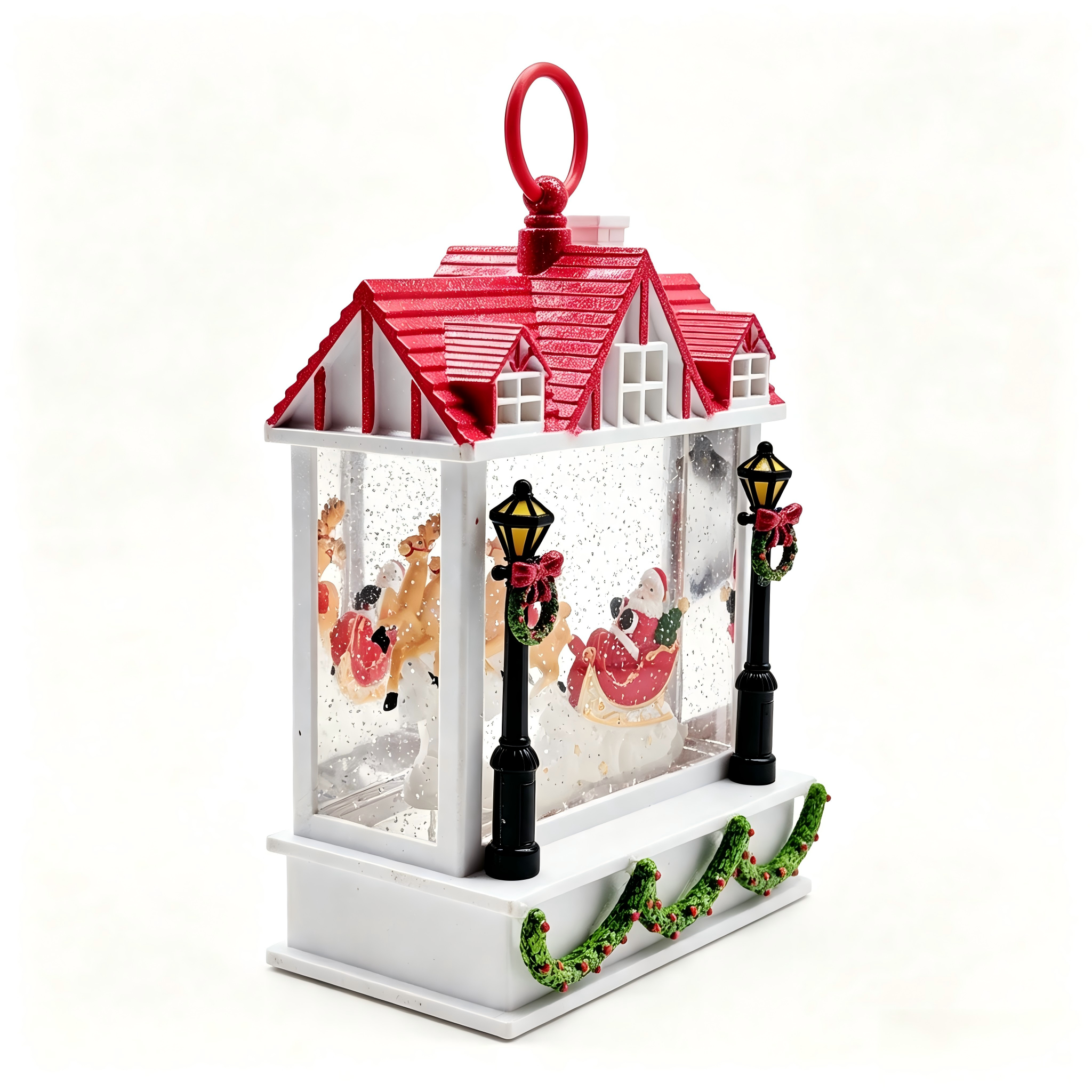 House Shaped Christmas Water Lantern Globe With Santa Sleigh & Reindeer Scene