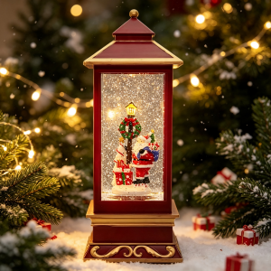 Christmas Lantern Water Globe With Santa & Snowman Scene