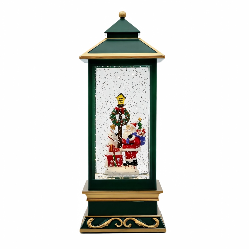 Christmas Lantern Water Globe With Santa & Snowman Scene