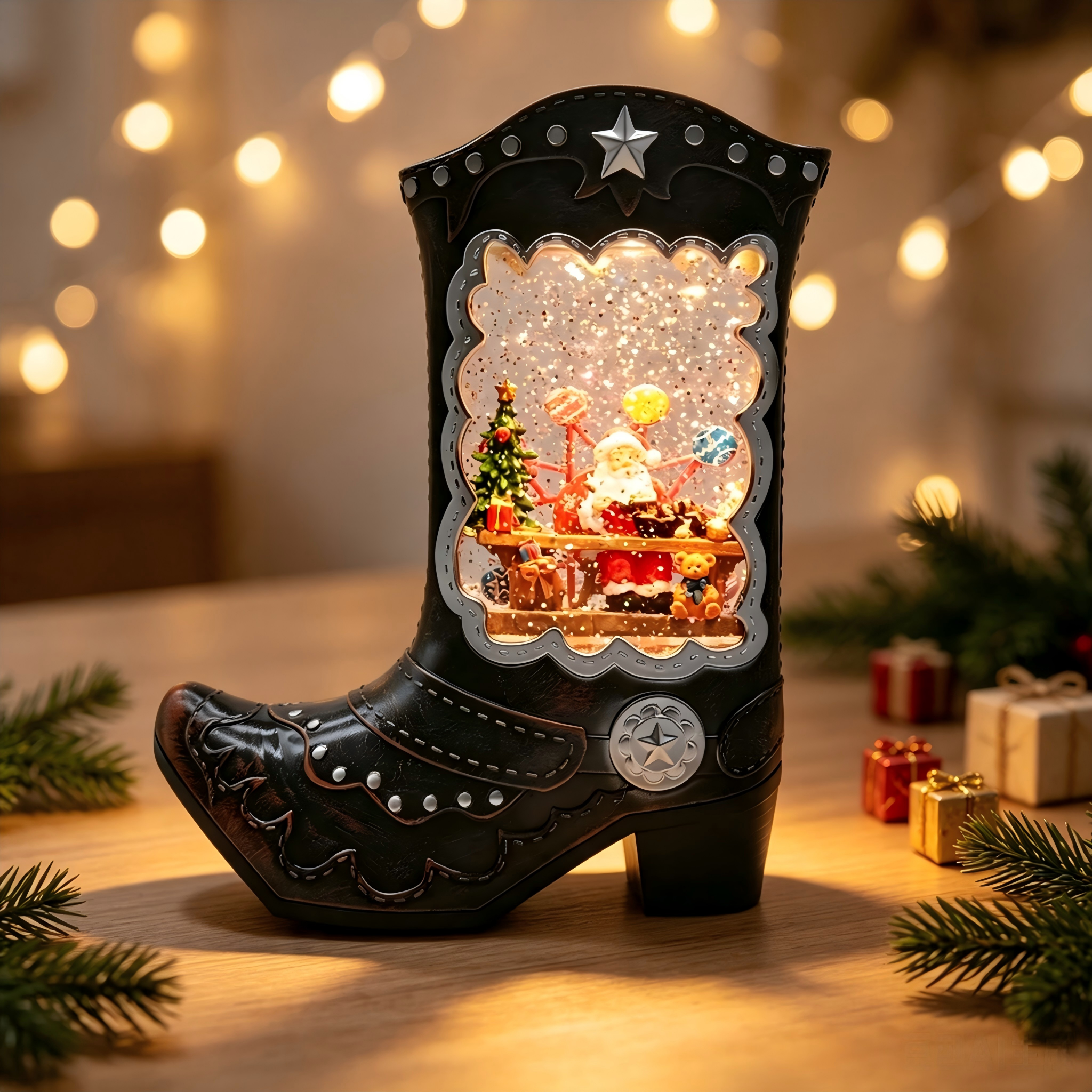 Cowboy Boot Christmas Water Globe Lantern with Santa Workshop Scene