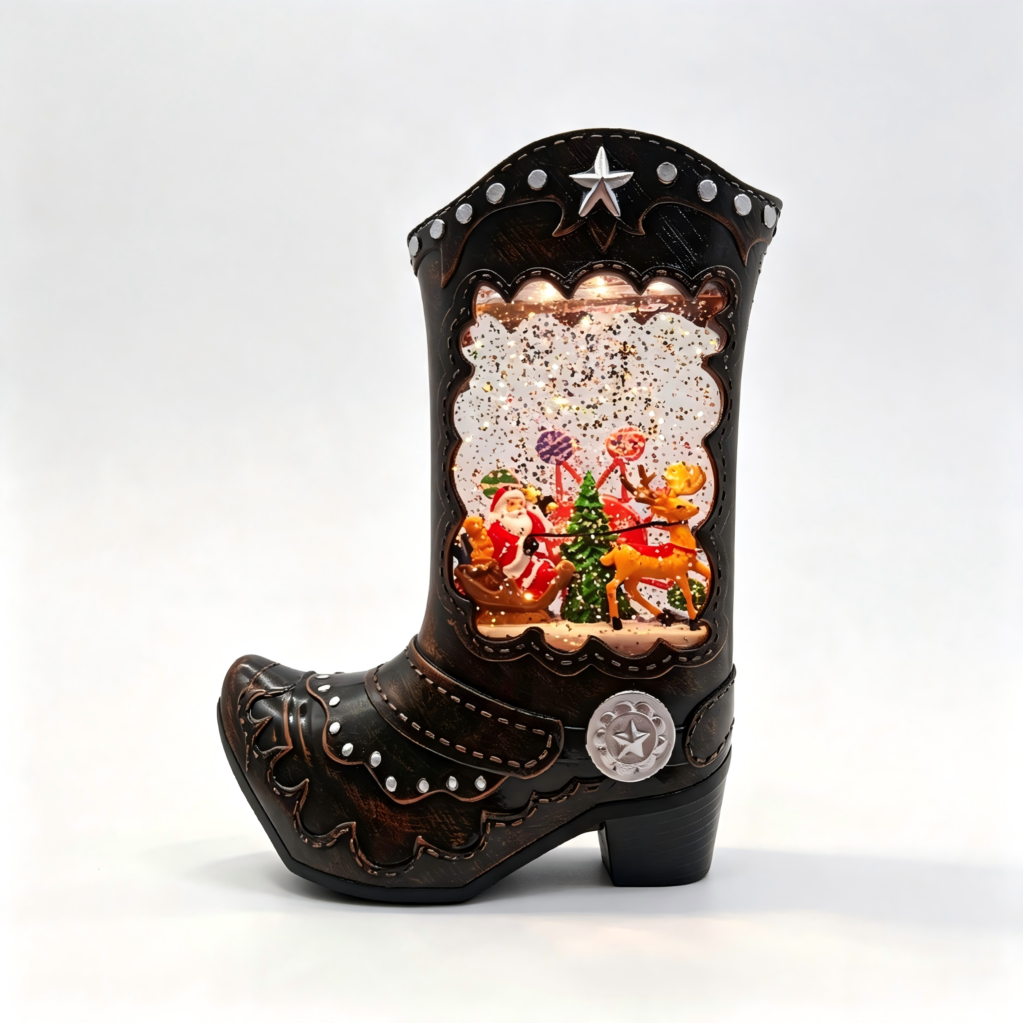 Cowboy Boot Christmas Water Globe Lantern with Santa Workshop Scene