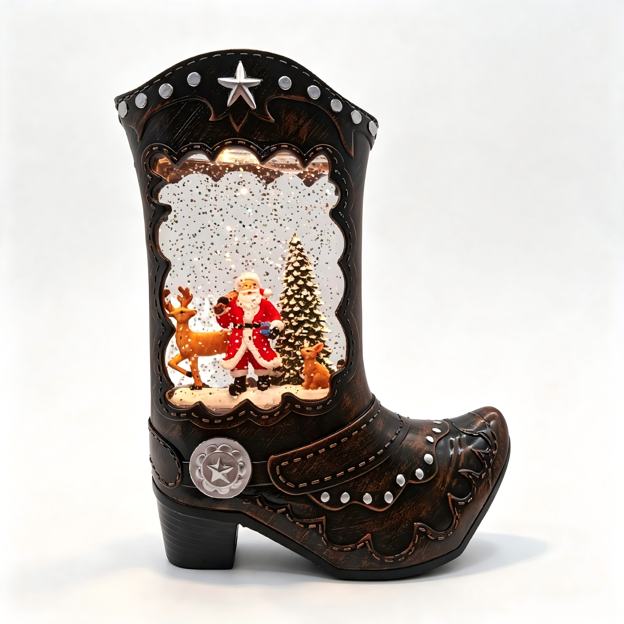Cowboy Boot Christmas Water Globe Lantern with Santa Workshop Scene