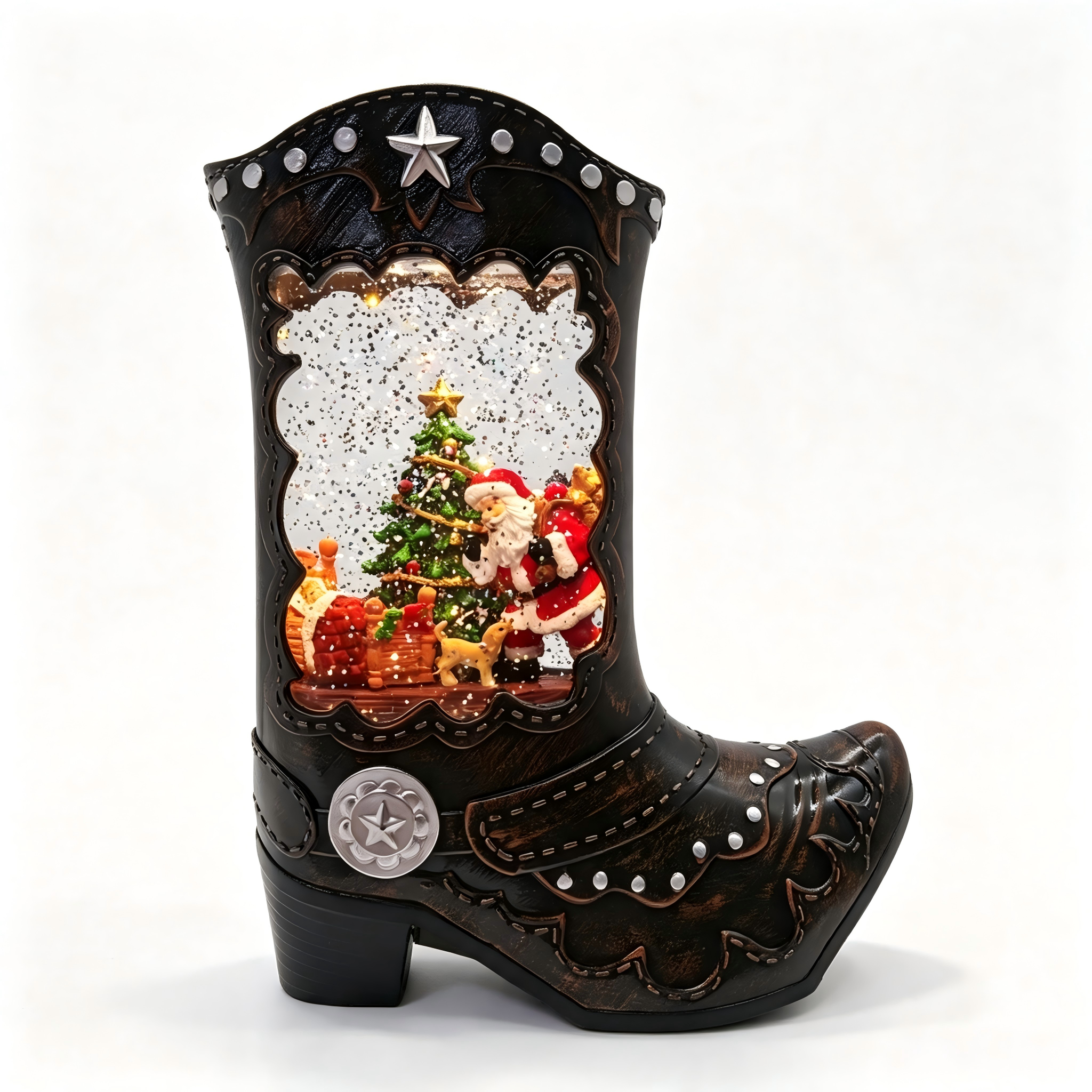 Cowboy Boot Christmas Water Globe Lantern with Santa Workshop Scene