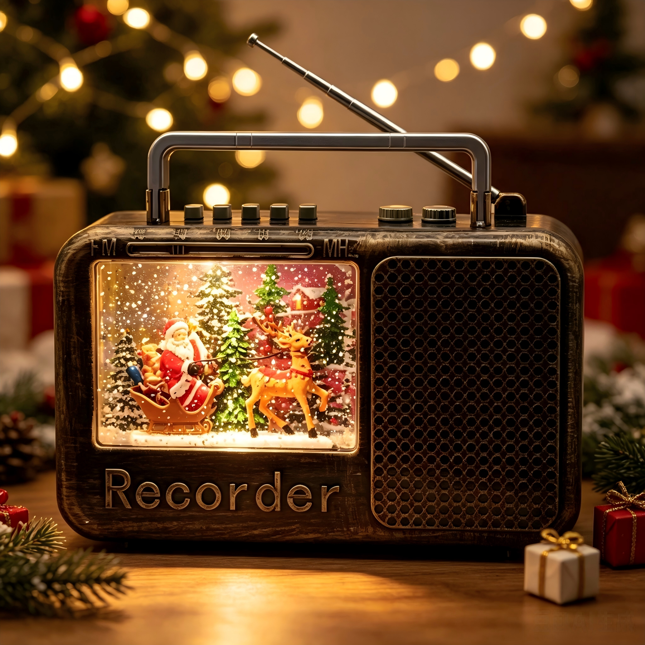 Vintage Radio‑Style Christmas Water Globe Lantern with Santa Sleigh Scene