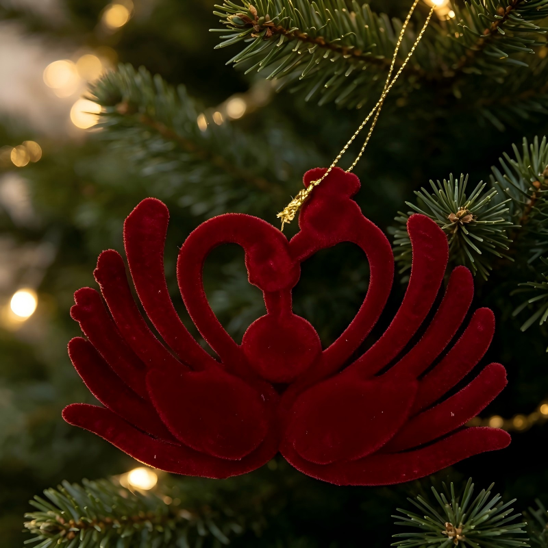 Burgundy Flocked Swan Christmas Ornament, Velvet Xmas Tree Hanging Decoration