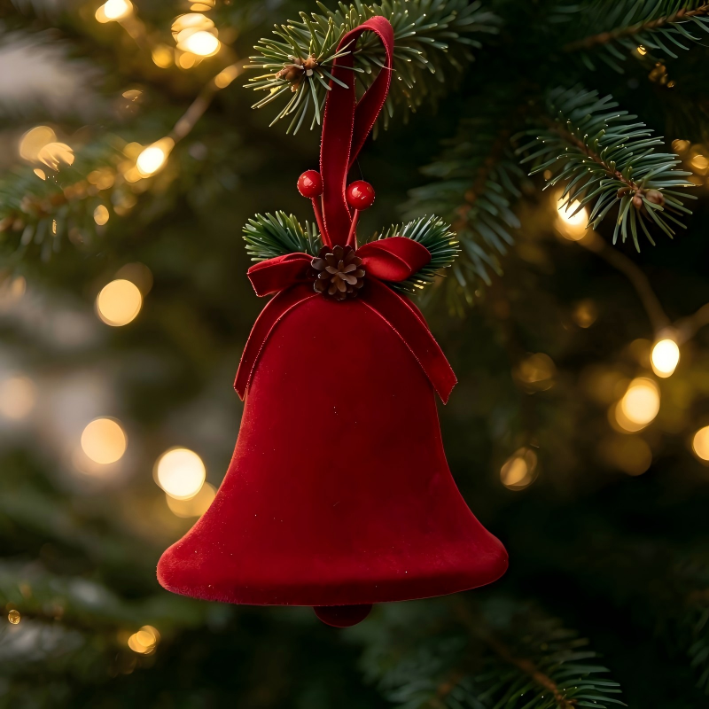 Red Velvet Christmas Bell Ornament for Xmas Tree Decoration