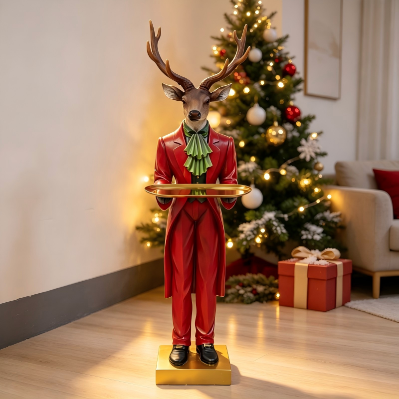 98.9cm Gentleman Deer Butler Statue With Serving Tray Christmas Floor Decor