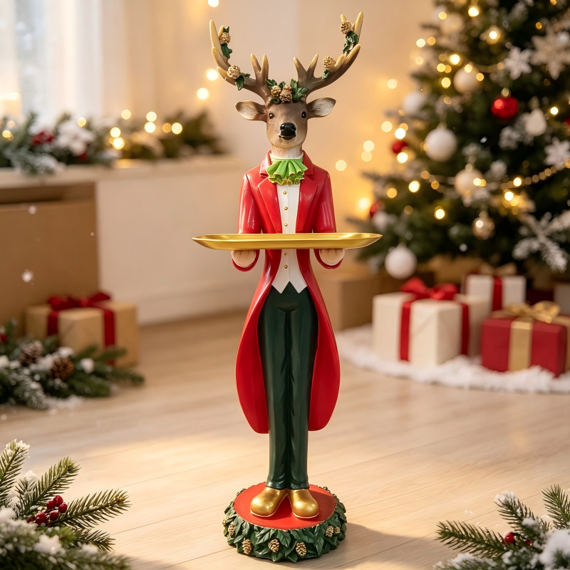 Christmas Deer Butler Statue 61cm | Resin Holiday Decor Figurine