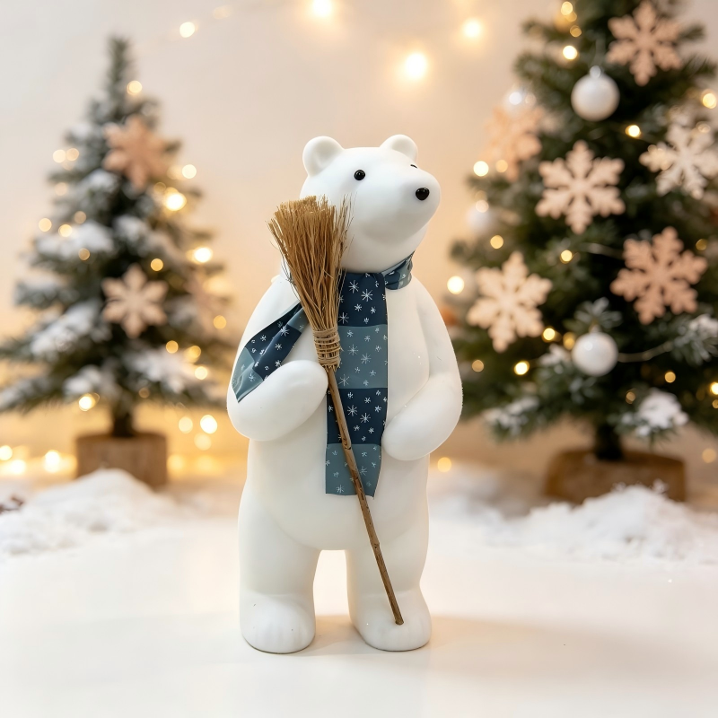 Large Flocked Polar Bear Christmas Decoration With Scarf & Straw Broom