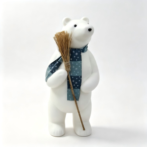 Large Flocked Polar Bear Christmas Decoration With Scarf & Straw Broom