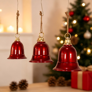 Large Red Metal Christmas Bells Set of 3, Hanging Jute Rope Xmas Ornaments