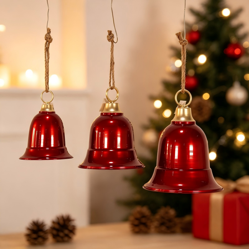 Large Red Metal Christmas Bells Set of 3, Hanging Jute Rope Xmas Ornaments