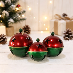 Large Metal Christmas Jingle Bells Set – Red Green Giant Outdoor Christmas Decorations 3‑Piece