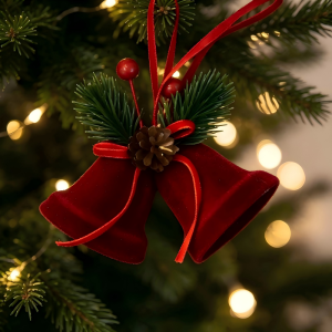 Red Velvet Christmas Bell Ornament With Pine Cone & Red Berries