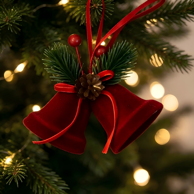 Red Velvet Christmas Bell Ornament With Pine Cone & Red Berries