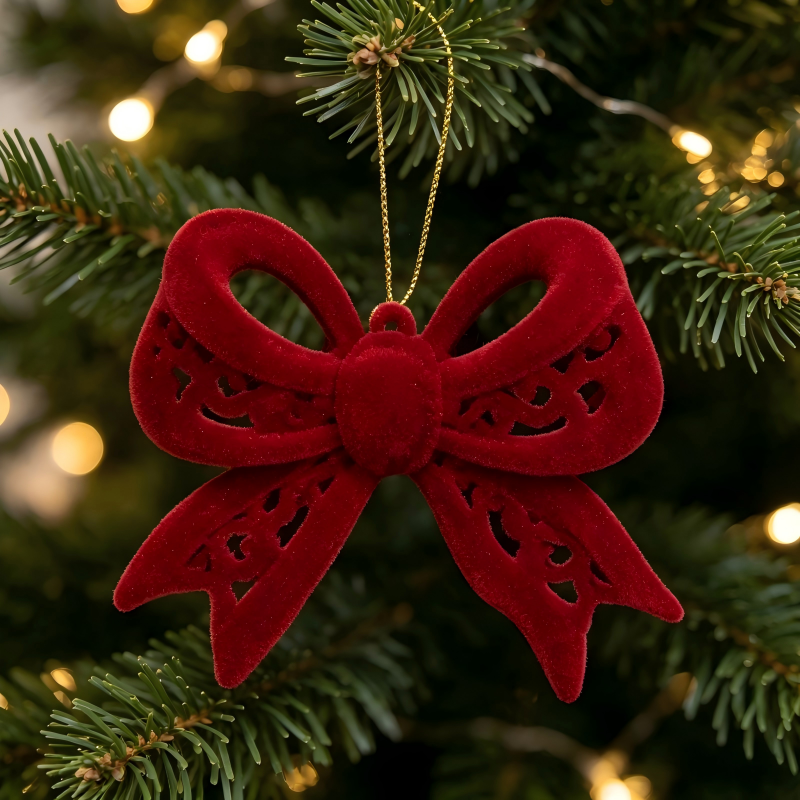 Red Velvet Bow Christmas Ornament – Lace Cutout Hanging Xmas Tree Decoration