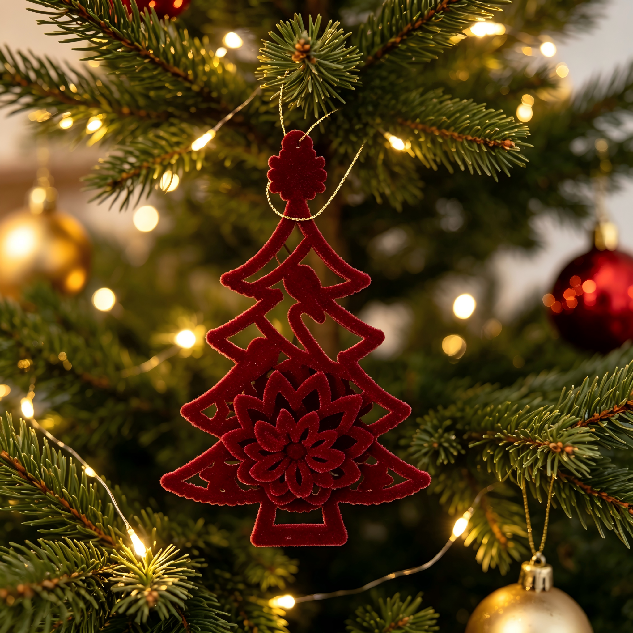 Burgundy Flocked Christmas Tree Ornament
