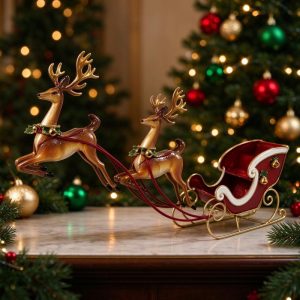 Iron Two Reindeer Sleigh Christmas Tabletop Decor